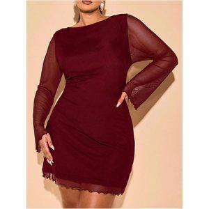 Vestido Mini de Malla Transparente para Mujer, Tallas Grandes, Manga Larga Acampanada, Cuello Redondo, Ajustado, Tejido, para Invitadas de Boda o Salidas Nocturnas - Product Image 3