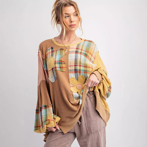 <span class=keywords><strong>Felpa</strong></span> da Donna Casual con Collo Tondo, Motivo Vintage a Quadri e Applicazioni Floreali, Vendita Calda - Product Image 1