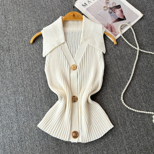 Chaleco de punto corto con cuello polo, diseño delgado de verano para mujer, a la moda - Product Image 2