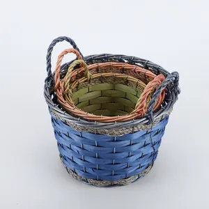 Eco-friendly Natural Water Grass Wood Chip Storage Basket Wooden Basket with Handle for Food Sundries