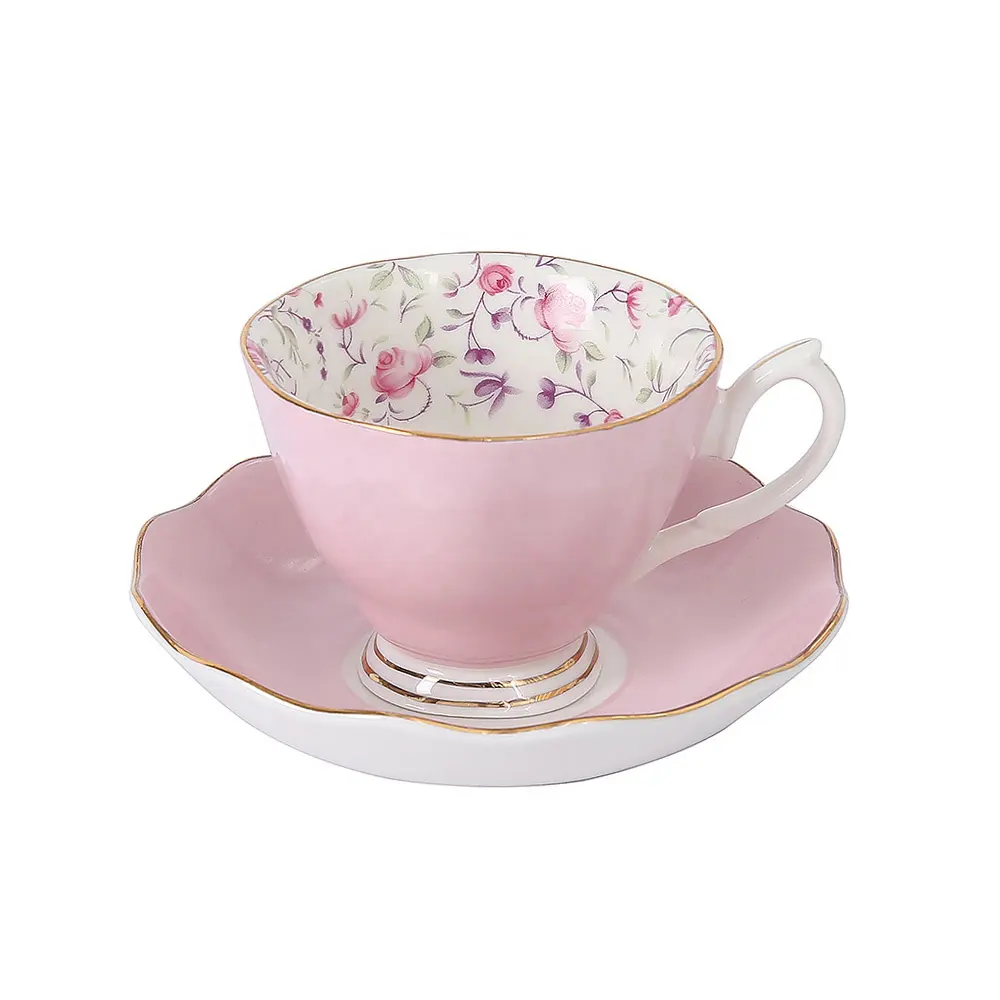 Jinbaijia vintage and European style pink rose pattern coffee cup set with cup, plate, spoon, and milk pot