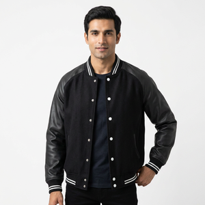 Custom Logo Black Wool Varsity Baseball <b>Jackets</b> Elegant Bomber Style with <b>Leather</b> Sleeves High CollegeBaseballjacket for <b>men</b> - Product Image 1