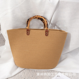 Sac fourre-tout tissé grande capacité, design rayé, poignée en bambou, sac de plage d'été pour femme, usage quotidien - Product Image 2