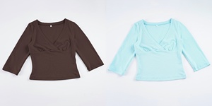เสื้อยืดแขนยาวคอวีทรงพอดีตัว ดีไซน์เรียบหรู ระบายอากาศได้ดี ผ้าถักสีพื้น เสื้อยืดลำลองสำหรับผู้หญิง - Product Image 2