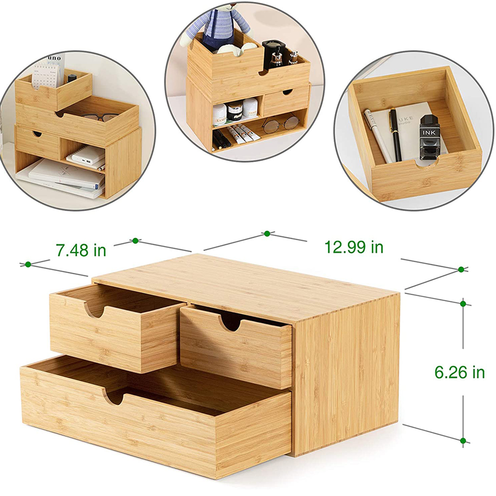 Bamboo Desk Organizer Mini Bamboo Desk Drawer Tabletop Storage Organization Box for Office Home Toiletries Supplies