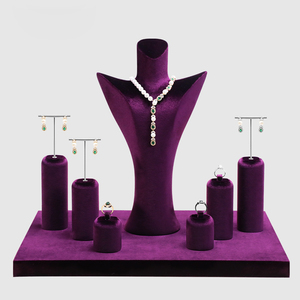Purple Velvet Jewelry Display Stand with Necklace Holder Ring Cylinder Earring Showcase Counter - Product Image 1