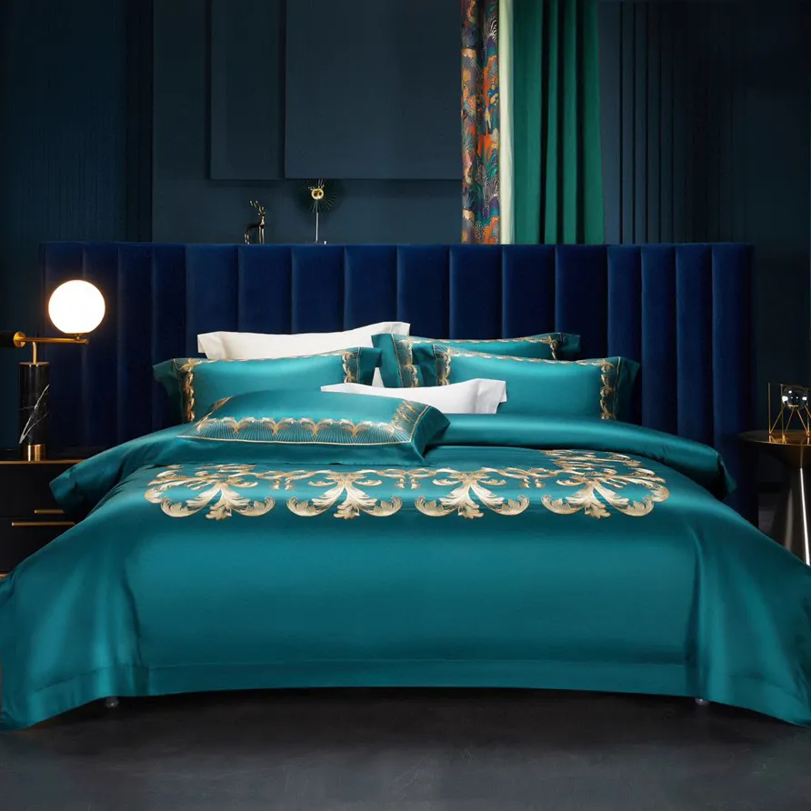 Bien vendu luxe cour style king size broderie bleu couette housse de couette drap de lit ensemble de literie