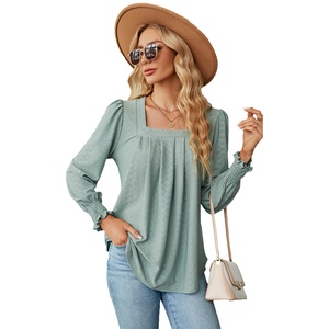 Autunno donna 3D Jacquard t-shirt Design popolare collo quadrato ampia manica lunga con perline camicetta Casual per le signore ragazze - Product Image 2
