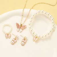 Ensemble de bijoux plaqué or 21 carats avec papillon en émail et imitation perle, comprenant collier, bracelet, boucles d'oreilles et bague, idéal pour femme, cadeau
