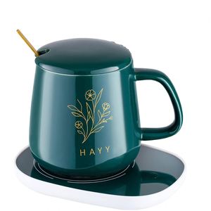 55 Degree <b>Thermostatic</b> Ceramic Coffee Cup Set <b>with</b> Lid Double-Hole <b>Plug</b> Heating Coaster Creative Souvenir Gift - Product Image 1