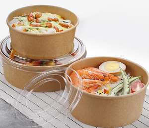 Bol à salade jetable en papier kraft à paroi simple 500ml-1500ml avec couvercle sécurisé pour emballage à emporter de plats froids, <span class=keywords><strong>poke</strong></span> et snacks - Product Image 4