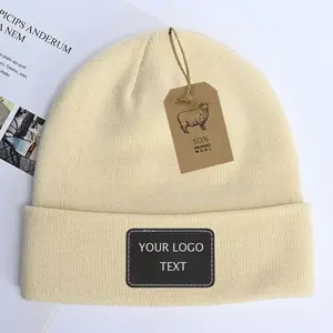 Leather Patch Customized Knitted Hats Warm Winter Hats Men Women 50% Merino Wool Beanies With Custom Logo