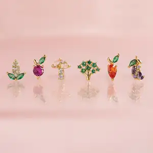 ER0027 2021 Anting Trendi Korea Mini Kecil 18K Emas Perak Plating Warna-warni Zirkon Pasar Petani Set Kancing Sayuran Anting Lucu