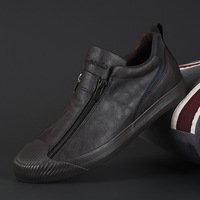 Sepatu Jalan Pria Ringan Kulit Mikrofiber Sneakers Rendah Resleting Samping Ujung Bulat Lapisan Jala Bernapas Pakaian Kasual