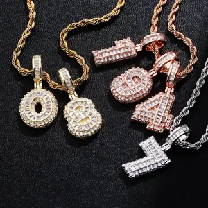 Hip Hop 0-9 Baguette Number Pendant Necklaces Men Women Fully Iced Out Cubic Zirconia Hip Hop Bling Bling Necklaces Jewelry Gift