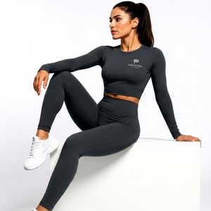 Primora Global Women Seamless <b>Crop</b> <b>Top</b> High Waist Leggings Set Gray Spandex Nylon Breathable 4-Way Stretch Fitness Activewear - Product Image 1