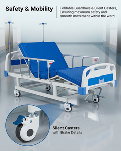 Lit médicalisé certifié CE ISO avec roulettes et table repas pour hôpital, clinique et soins à domicile – Lit d'hôpital manuel à 2 manivelles - Product Image 1