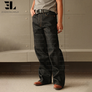 LARSUR Custom Denim Factory Button Fly 8-15 oz Raw Selvedge Denim <strong>Pants</strong> Straight Leg Japanese Style Salvage Selvedge Jeans <strong>Men</strong> - Product Image 1