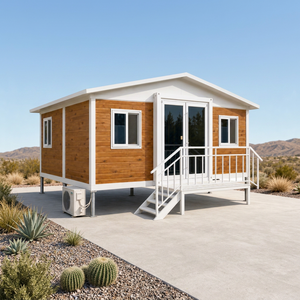 Casa Contenedor Prefabricada Moderna de 20 Pies con Exterior de Madera, Estructura Blanca y Diseño de Escalera con Soportes Elevados - Product Image 1