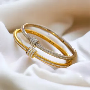EManco Bracciali a fascia da donna in acciaio inossidabile placcato oro, classici, di lusso, fatti a mano, per fidanzamento, gioielli che non si ossidano - Product Image 4