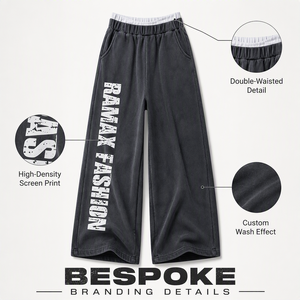 Pantalon de survêtement personnalisé pour homme, délavé aux pigments, avec double ceinture, imprimé lettres verticales effet usé, poches latérales, coupe ample et jambe large - Product Image 5