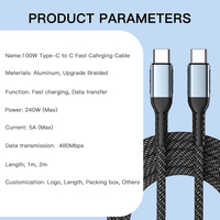 Cable de Carga Rápida y Datos Tipo-C de 100W PD, 5A, con Trenzado de Nailon, 1M/2M, para Teléfonos Móviles, Laptops, Relojes y Computadoras