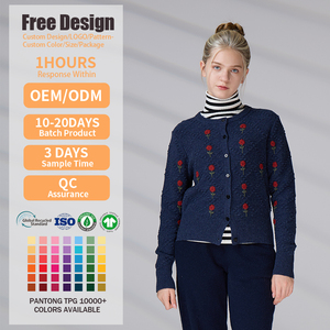 Knitwear Manufacturers OEM 100% Wool Sweater Knitted Women Cardigan with Embroidered <b>Flowers</b> - Product Image 2