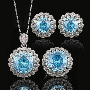 High-grade Eco-friendly Copper Wholesale Jewelry <b>Set</b> Rose Cut 14-10mm Sea Blue Cubic Zirconia Fashion Bulk Jewelry <b>Set</b> - Product Image 3