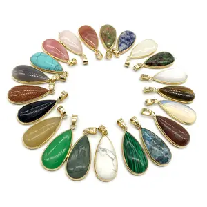 Wholesale natural stone jewelry necklace pendant Agate crystal semi -precious stone agate jade gilt edged water drop pendant