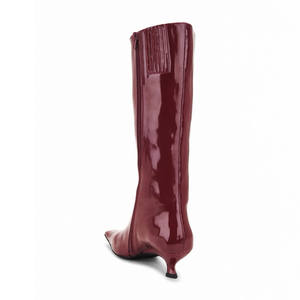 รองเท้าบูทส้นลูกแมวผู้หญิง, รองเท้าบูทหุ้มข้อยาวสีแดงรองเท้าส้นหนังสิทธิบัตร - Product Image 3