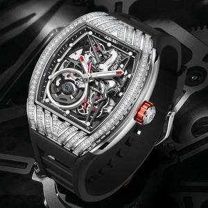 Automatic <b>Watch</b> <b>Rectangular</b> Case Skull Dial Diamond‑Inlaid Bezel Black Silicone Strap Luxury Mechanical Men Wrist <b>Watch</b> - Product Image 4