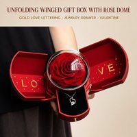 Boîte cadeau ronde extensible avec deux ailes latérales, lettres dorées et rose éternelle sous cloche – Coffret cadeau Saint-Valentin pour elle