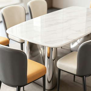 Ensemble de table à manger rectangulaire de luxe en pierre frittée, base en acier inoxydable blanc avec 6 chaises en PU aux couleurs assorties, meubles de salle à manger - Product Image 2