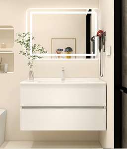 Meuble de salle de bain mural de luxe moderne avec miroir LED, grand rangement, vasque en MDF laqué, étanche, avec fermeture douce et lavabo en céramique - Product Image 2