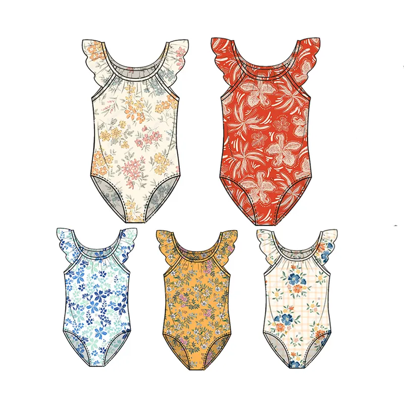 New Summer Wholesale Custom Design Print Baby Girl Long Sleeve Zipper Baby Swimwear