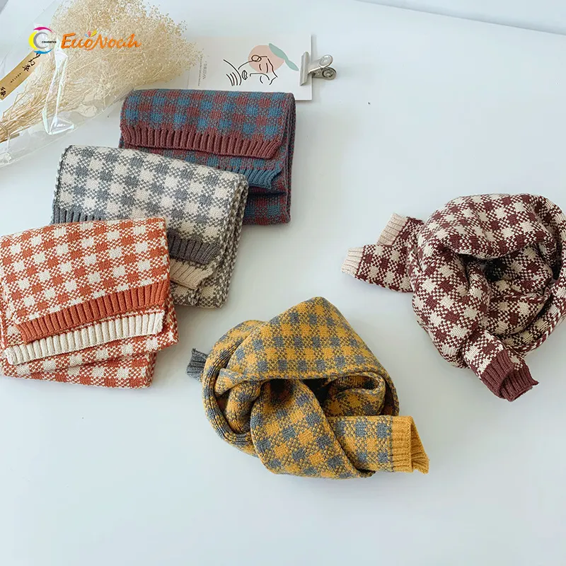 hot sell autumn winter color grid knitted scarf boys and girls shawl baby wool collar padded warm scarf