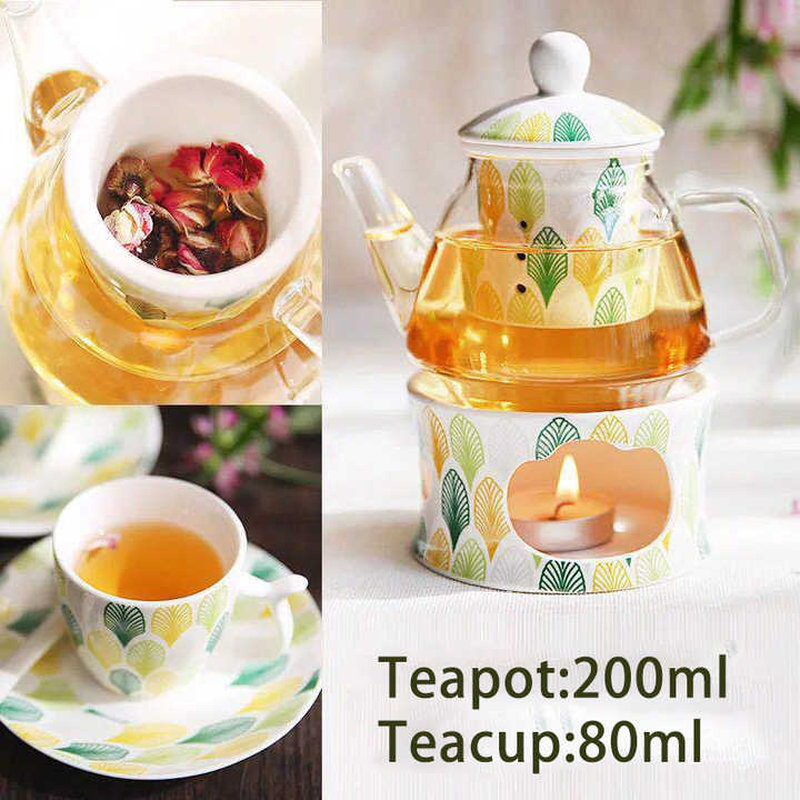 Porcelain Tea Set with Teapot Glass Tea Pot and Ceramic Cup Sets 80ml Coffee Tea Cup and Saucer with Flower Design