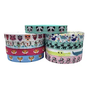 100Y Panda Owl Fox Orangutan Dinosaur Crocodile Print Fold Over Elastic Animal FOE Ribbon Headwear Party Gift Webbing Accessory