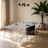 Table à manger rectangulaire moderne en résine époxy transparente à effet d'ondulation d'eau, style Wabi Sabi, pieds asymétriques, mobilier commercial durable