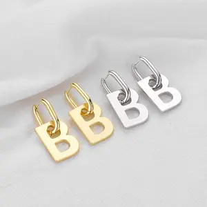 New Fashion Jewelry 18k Gold Plated Letter B Hip Hop Simple Brass Square Hoop Dangle Earring