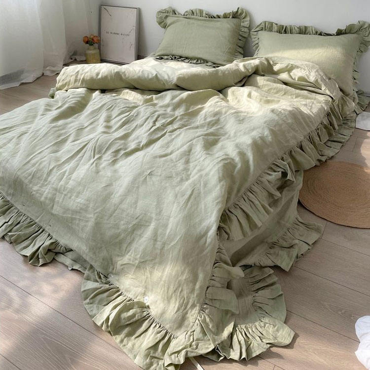 Light Green Ruffled Linen Sheet Set