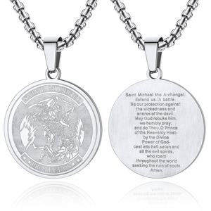 Charm Medalla Placa redonda Hombres San Miguel Colgante Collar Oración completa Protección de acero inoxidable Medallón de Arcángel - Product Image 1