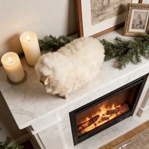 Figura Decorativa Artesanal de Oveja de Cachemira Artificial, Hecha a Mano en Túnez, de la Marca KALYS, con Piel de Oveja Tratada y Madera - Product Image 4