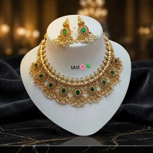 South Indian High Quality Antique Matte Gold Plated Choker Necklace with Oval and Pearl Clusters Matching Earrings for Wedding - Product Image 3
