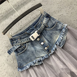 Nuove gonne da donna in pizzo Patchwork in maglia <span class=keywords><strong>Denim</strong></span> vita alta a linea asimmetrica con volant Tulle Gothic Chic gonne - Product Image 2