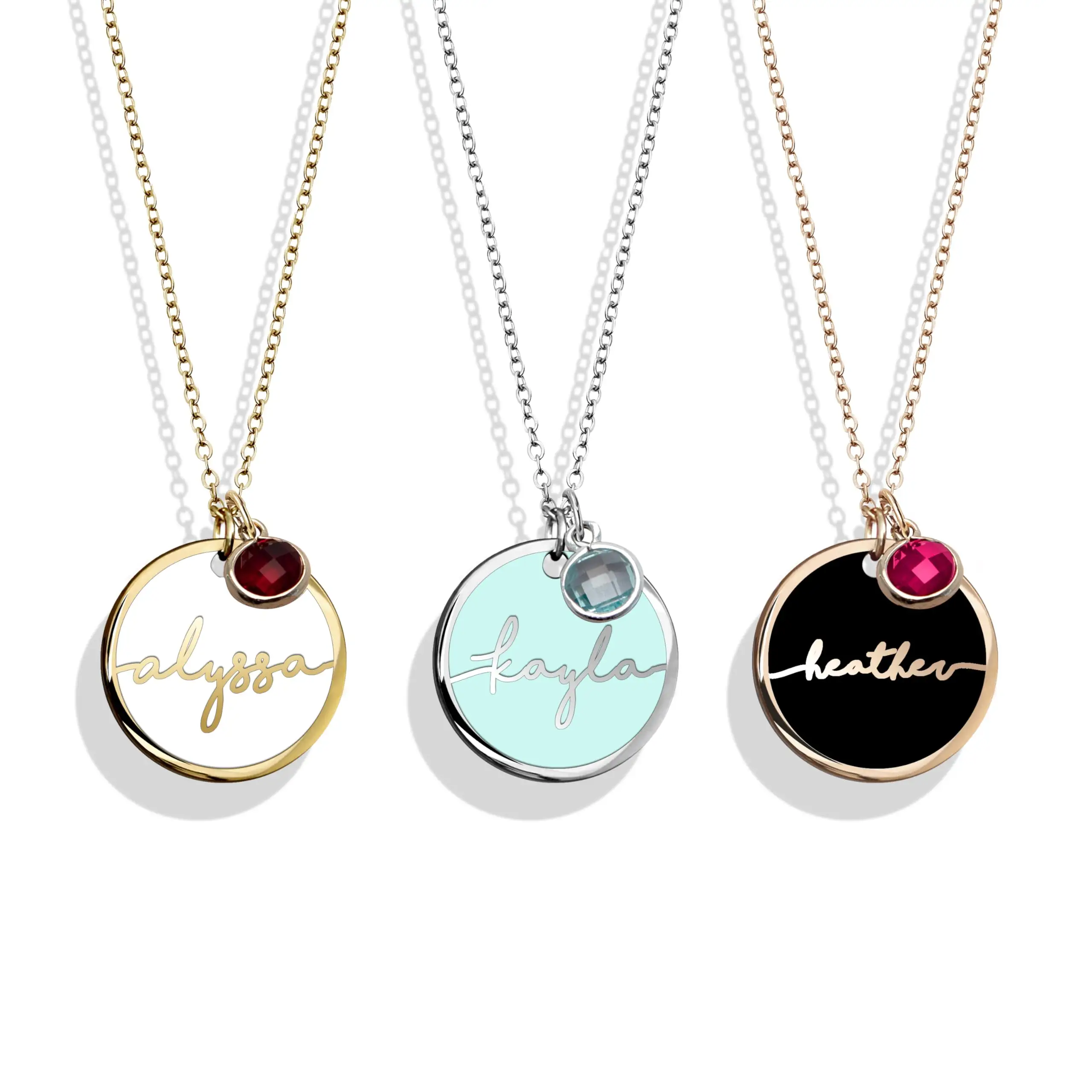 Birthday Gemstone Pendant Disc Anniversary Necklace Personalized Engraved Enamel Jewelry for Women Mom Birthstone Name Necklace