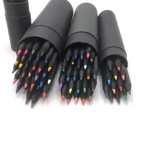 Yüksek kalite siyah ahşap malzeme altıgen renkli kalem seti tüp kutusu ile özel 12 renk kalem 24 36 kalem seti renk