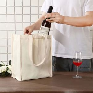 Custom Logo Long Handle Shoulder Strap Party Gift 6-Wine-Bottle Canvas Tote Bag Divider Pockets Eco-Durable Reusable <b>Box</b> - Product Image 3