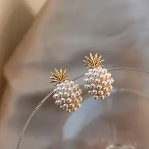 Fashion Korea Style Lady Party Wedding Gift Pineapple Pearl Sliver 925 Stud Earrings For Women
