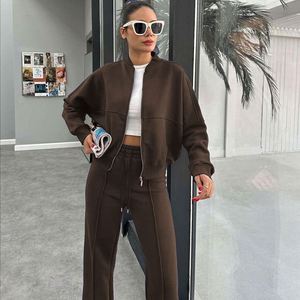 Conjunto de Traje de Dos Piezas para Mujer, Informal, de Otoño, en Color Sólido, Tejido de Poliéster/Spandex, con Chaqueta con Cremallera y Pantalones Rectos - Product Image 4